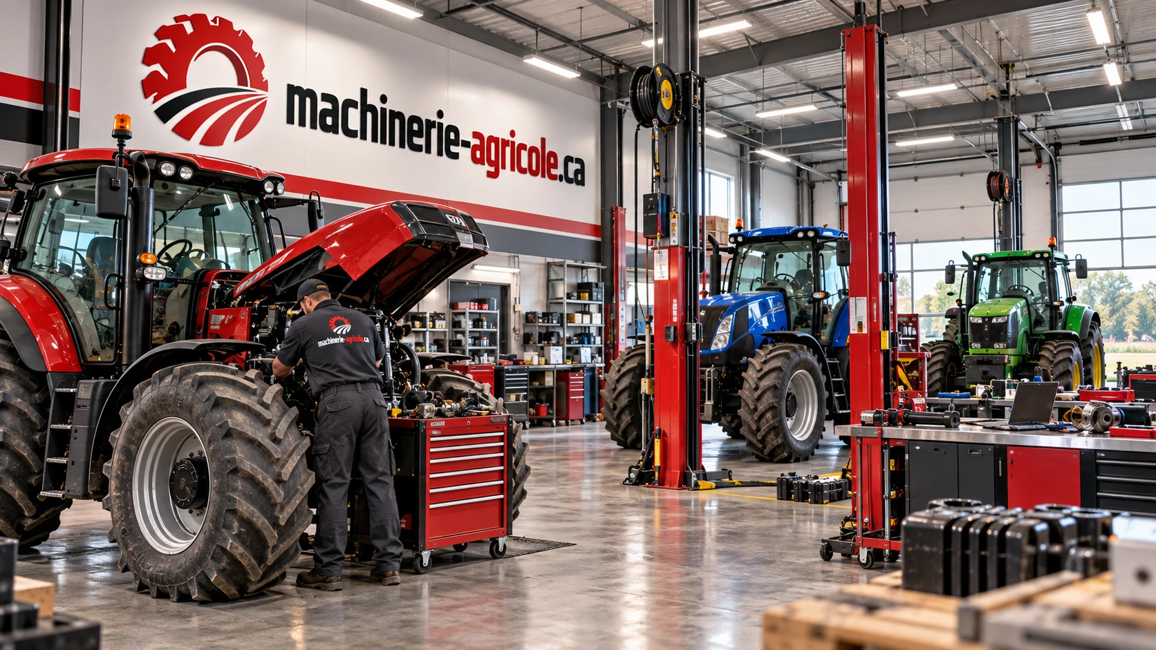 Atelier de machinerie agricole avec technicien travaillant sur le moteur d'un tracteur rouge capot ouvert, ponts élévateurs et tracteurs en réparation