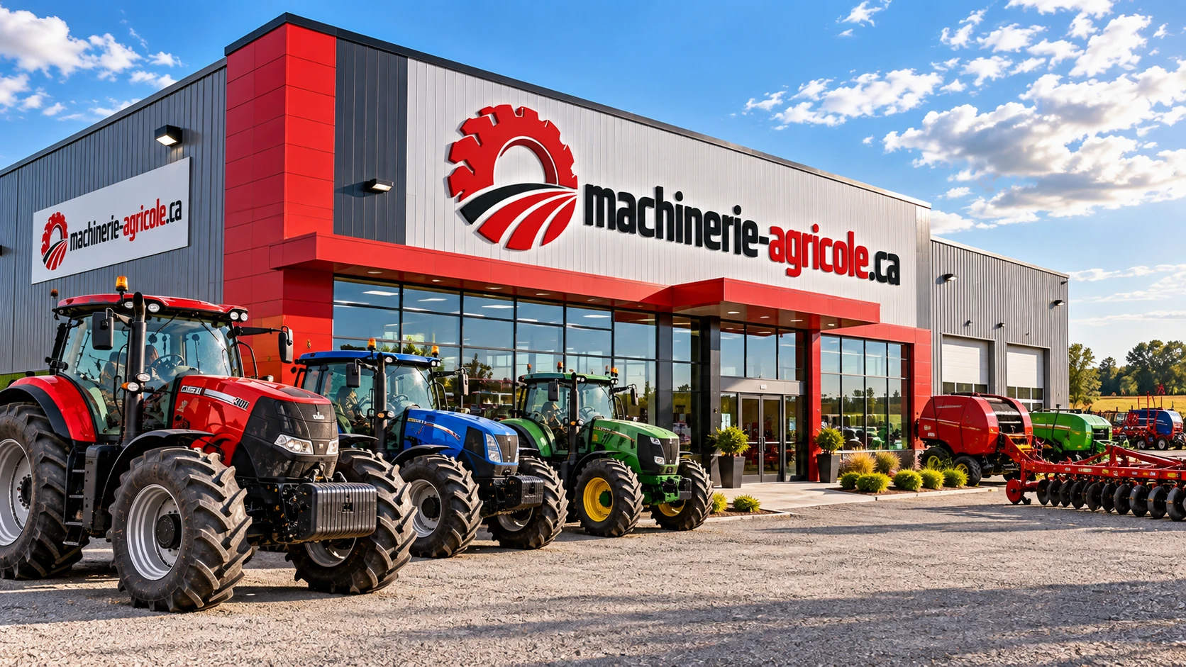 Devanture d'un concessionnaire de machinerie agricole avec rangée de tracteurs neufs, presse à balles et outils de travail du sol alignés devant le bâtiment