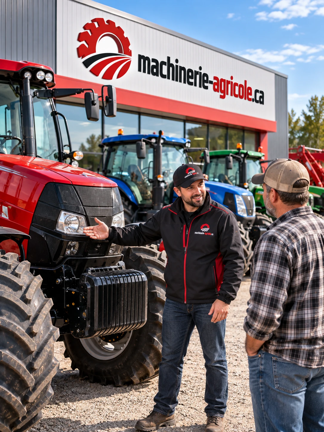 Conseiller en machinerie agricole présentant un tracteur neuf à un producteur devant la concession