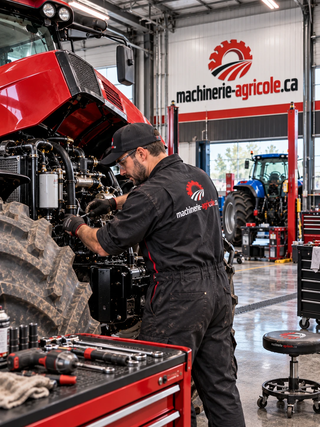 Mécanicien intervenant sur le moteur d'un tracteur capot ouvert dans un atelier de machinerie agricole