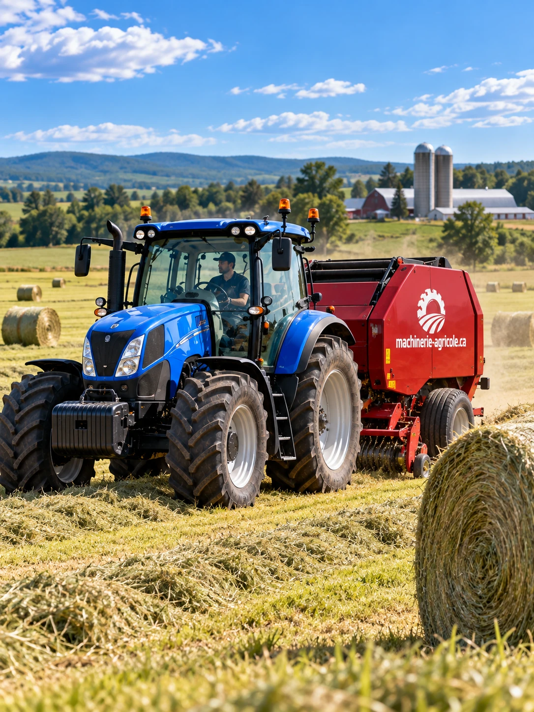 Tracteur attelé à une presse à balles rondes au travail dans un champ de foin fauché