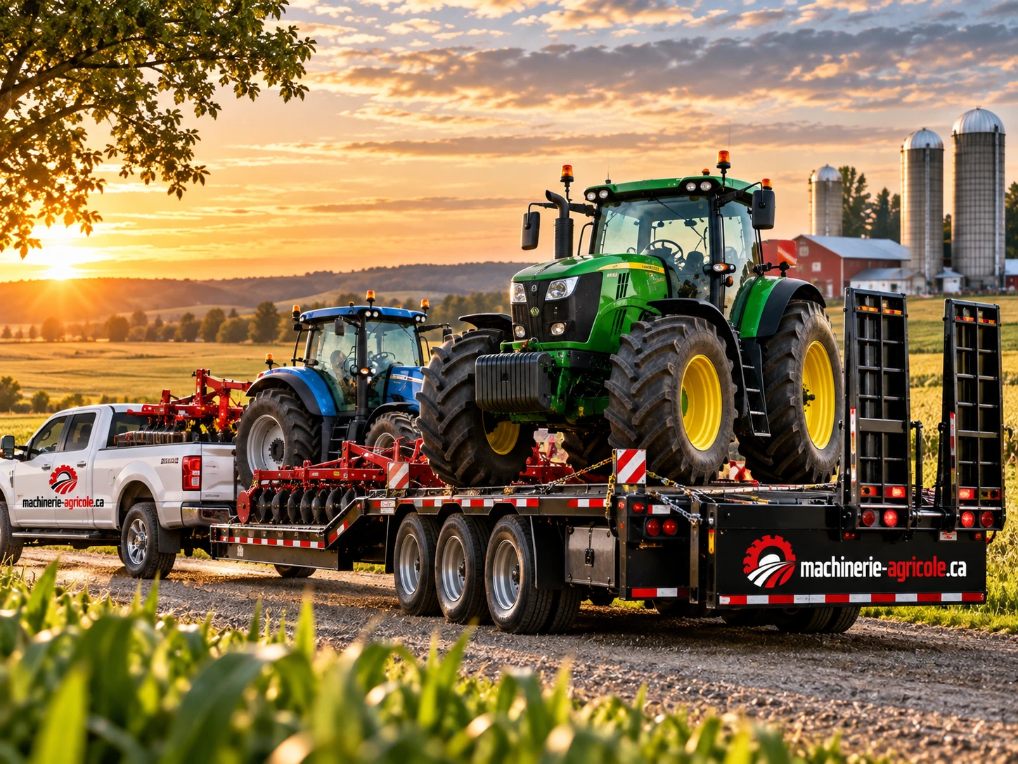 Camionnette et fardier chargés d'un tracteur et d'outils de travail du sol sur un chemin de ferme au coucher du soleil